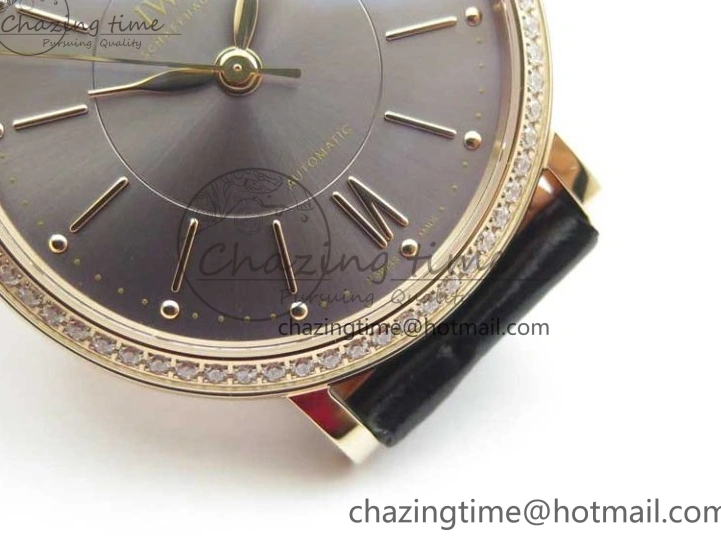 MIROTIME 1228 Durable Portofino 37mm RG V7F 1:1 Best Edition Gray Dial Diamonds Bezel on Black Leather Strap A 7089